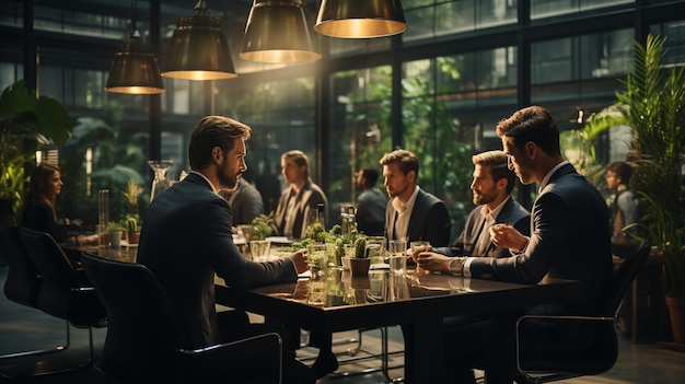 Colleghi maschi che discutono in riunione presso un ufficio moderno