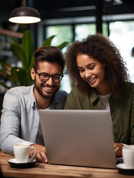 colleghi multirazziali sorridenti che discutono sul portatile mentre pianificano la strategia in ufficio