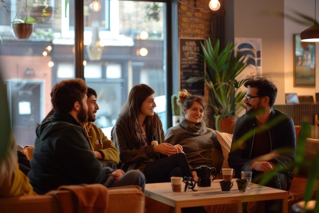 Colleghi riuniti in un accogliente spazio di coworking si godono insieme una rinfrescante pausa caffè