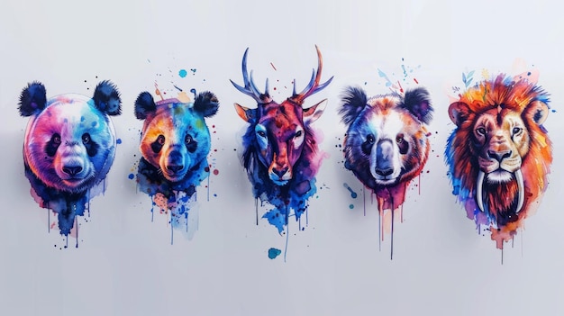 Collezione artistica di acquerelli di animali amati panda pigrone giraffa koala ed elefante ciascuno realizzato con cura e creatività AI Generative