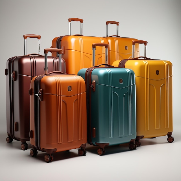 Collezione bagagli Set di valigie esposte su una superficie bianca incontaminata per i social media