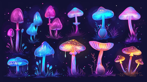 Collezione di adesivi di funghi cartone animato neon brillante fluorescente fantasia psichedelica fungo sull'erba con una fata magica alieno allucinogeno luminoso