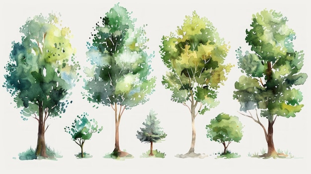 Collezione di alberi disegnati a mano per l'arte forestale AI generativa