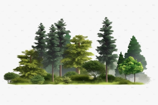 Collezione di alberi isolati su sfondo bianco IA generativa