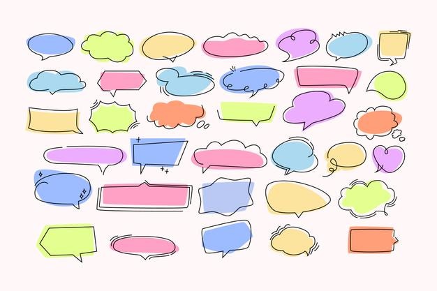 Collezione di bolle di discorso disegnate a mano e scatole di dialogo