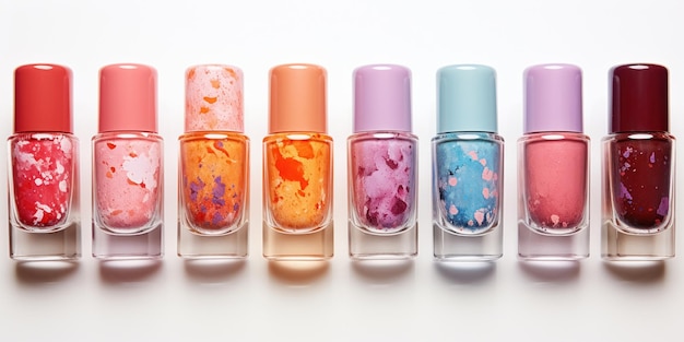 Collezione di bottiglie colorate con smalto per unghie luccicante isolato su sfondo bianco