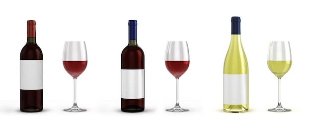 Collezione di bottiglie di vino e bicchieri con vino 3d render su sfondo bianco