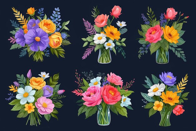 Collezione di bouquet Illustrazioni di fiori colorati per copertine e opere d'arte