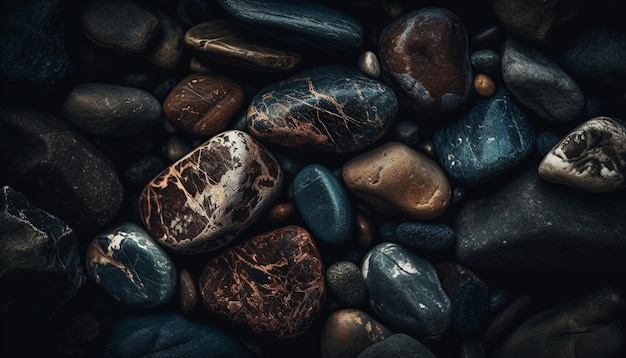 Collezione di ciottoli lisci pietre preziose lucenti in natura generate dall'intelligenza artificiale