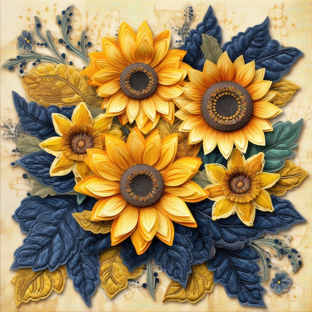 Collezione di clipart di girasoli patchwork vibrante in formato PNG