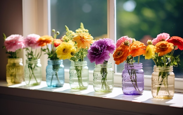 Collezione di colorati vasi di masoneria con fiori