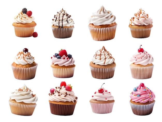 Collezione di cupcake isolata su sfondo bianco con intelligenza artificiale generata