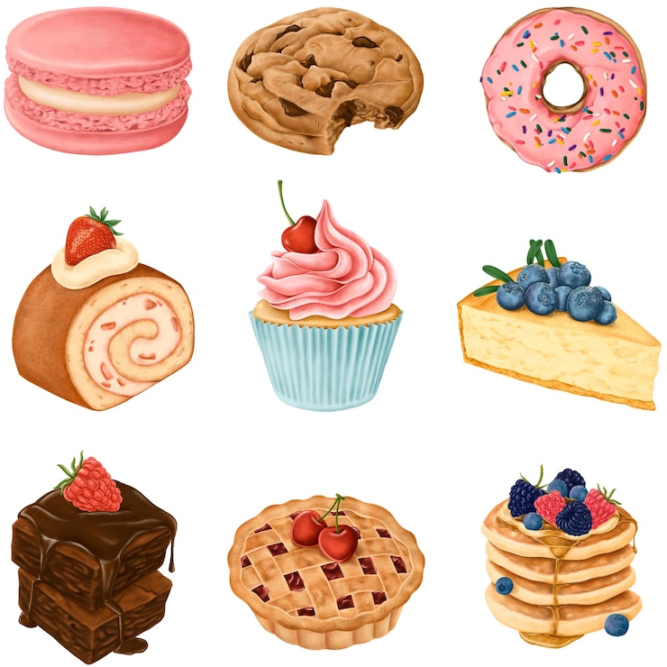 Foto collezione di dessert disegnata a mano png trasparente
