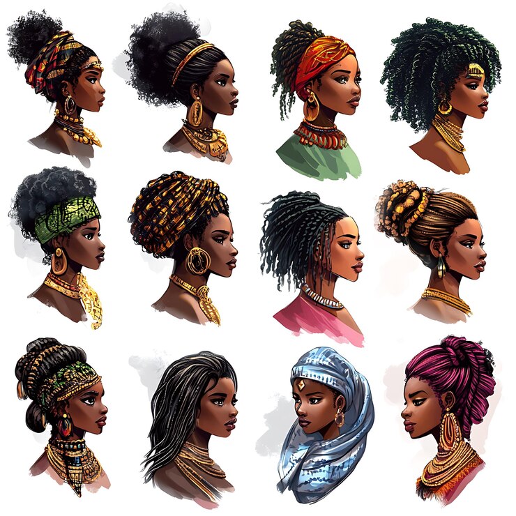 Foto collezione di diverse donne africane con acconciature e gioielli tradizionali