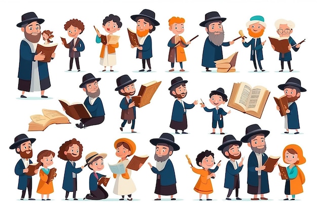 Collezione di ebrei e simboli ebraici o ebraici Una coppia di ragazzi di famiglia felici che leggono la Torah e giocano a Shofar Caratteri animati carinosi isolati su sfondo bianco