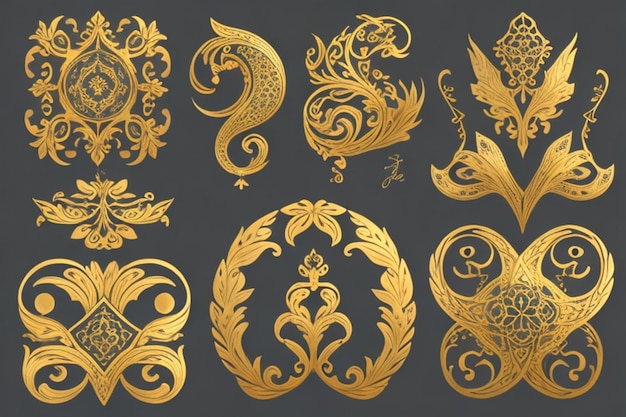 Collezione di elementi ornamentali calligrafici dorati