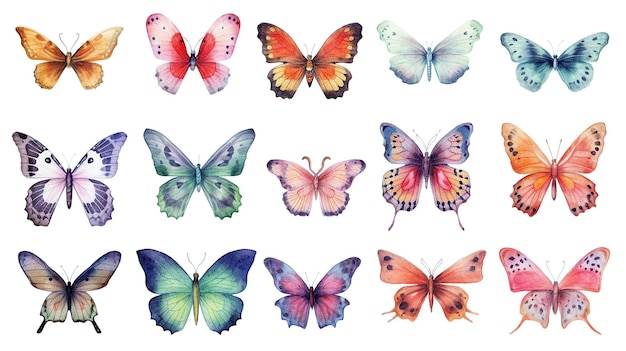 Collezione di farfalle Illustrazione ad acquerello Set di clipart Farfalle colorate Farfalla rosa IA generativa