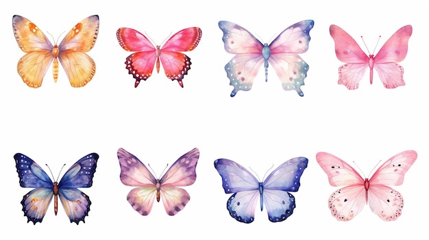 Collezione di farfalle Illustrazione ad acquerello Set di clipart Farfalle colorate Farfalla rosa IA generativa