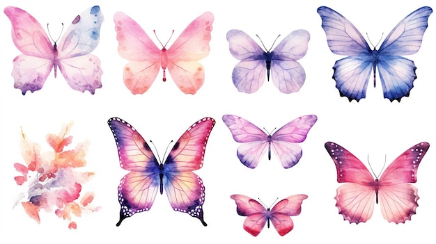 Collezione di farfalle Illustrazione ad acquerello Set di clipart Farfalle colorate Farfalla rosa IA generativa