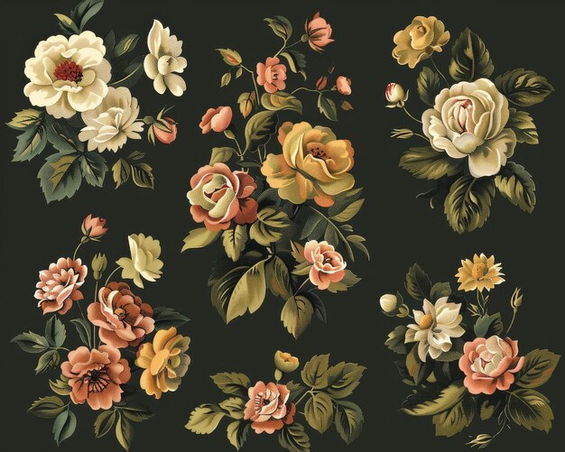 Collezione di fiori classici disposti in uno stile vintage continuo