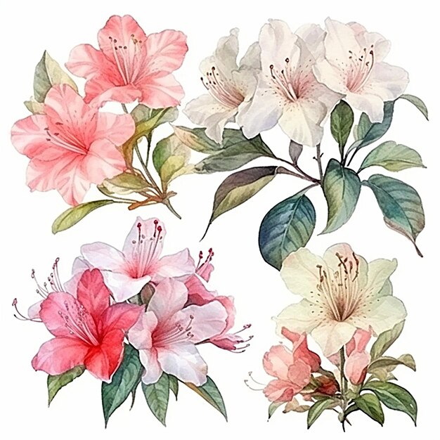 Collezione di foglie e fiori di azalea dell'acquerello