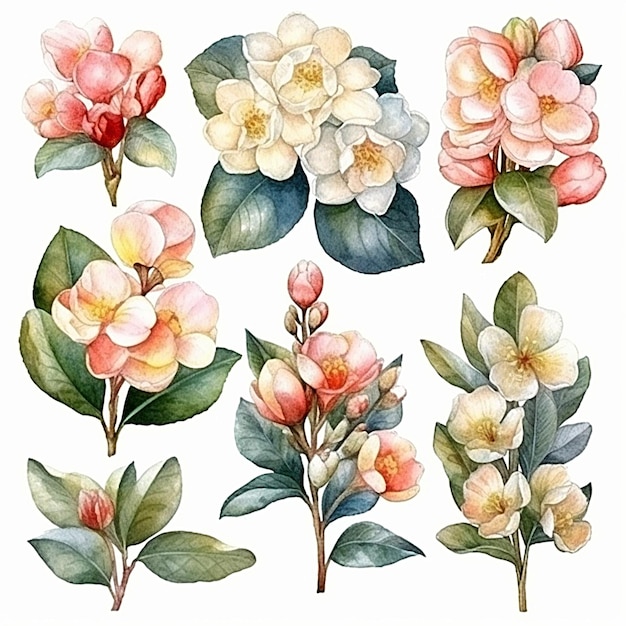 Collezione di foglie e fiori di clusia rosea dell'acquerello