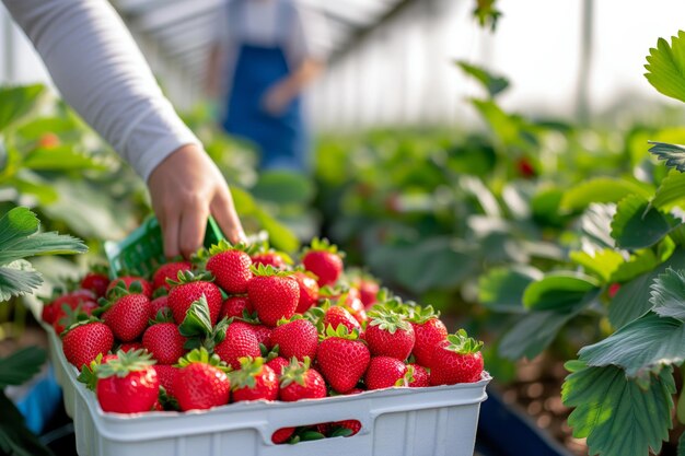 Collezione di fragole in una serra