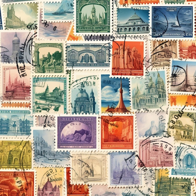 Collezione di francobolli d'epoca in stile realistico ad acquerello