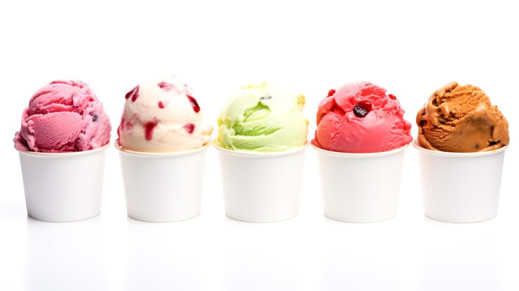Collezione di gelati in molti sapori e tipi su uno sfondo bianco Generative Ai