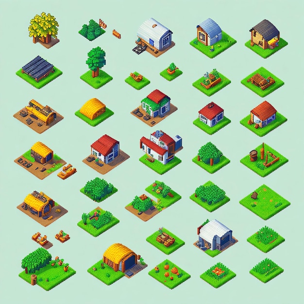 Collezione di icone di attrezzature agricole 64 bit Pixel Art per giochi con vista frontale TopDown