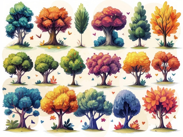 Collezione di illustrazioni contemporanee di alberi su sfondo bianco