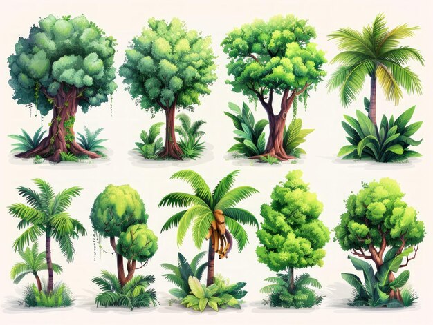 Collezione di illustrazioni stilizzate di alberi di banane AI generativa