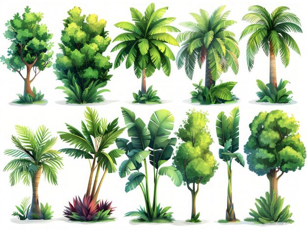 Collezione di illustrazioni stilizzate di alberi di banane AI generativa