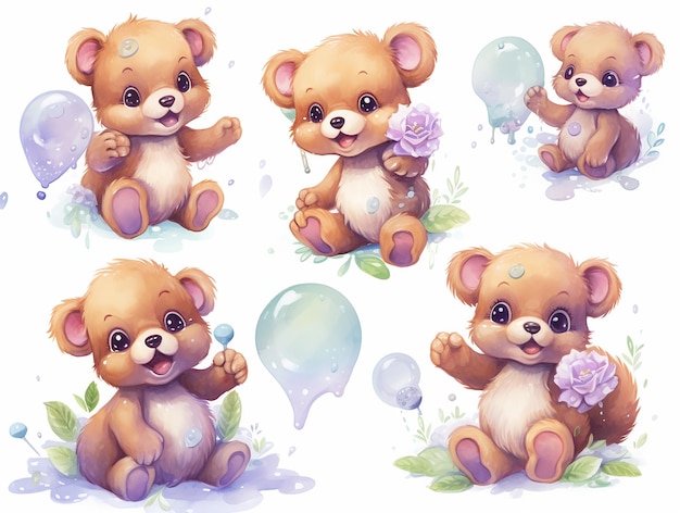 Collezione di illustrazioni vettoriali di orsi acquerelli per bambini su sfondo bianco isolato