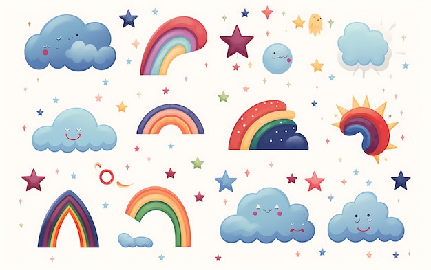 collezione di nuvole e stelle arcobaleni