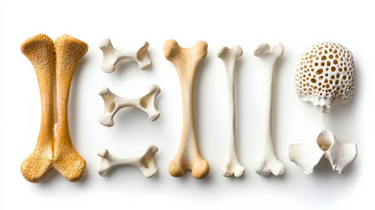 Foto collezione di ossa isolata su bianco ideale per temi educativi e anatomici