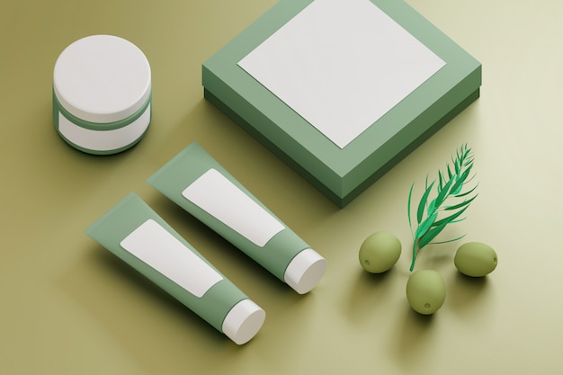 Collezione di packaging cosmetico con etichette vuote e olive verdi