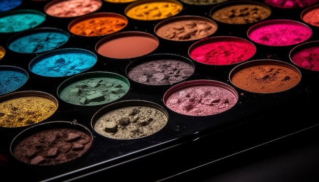 Collezione di palette di ombretti vibranti dai colori vivaci per un trucco glamour generato dall'intelligenza artificiale