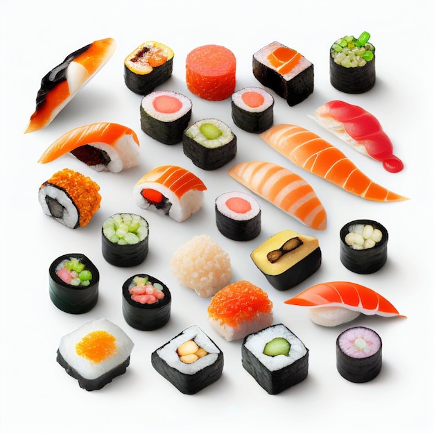 Collezione di rotoli di sushi con crudo fresco su sfondo bianco Creato con tecnologia generativa AI