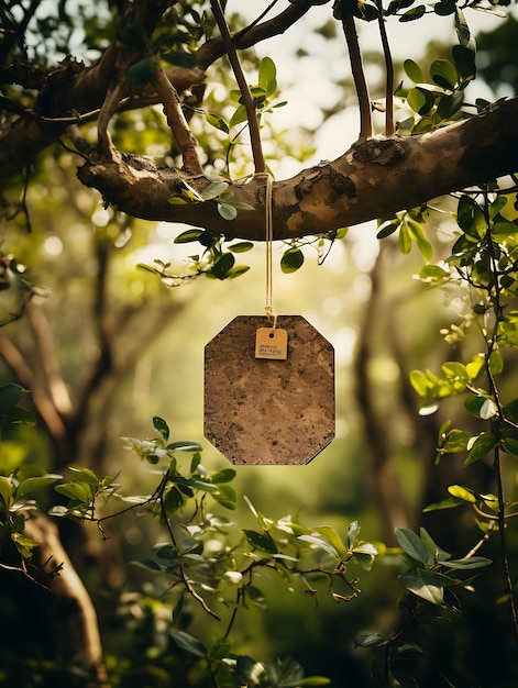 Collezione di schede esagonali di cartone opaco sospese su un ramo di quercia Vintage Nature Hang Tag