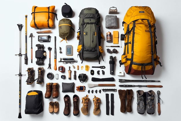 Collezione di strumenti di trekking e arrampicata organizzati su uno sfondo bianco