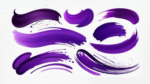 collezione di tratti di pennello a inchiostro viola isolati su sfondo bianco