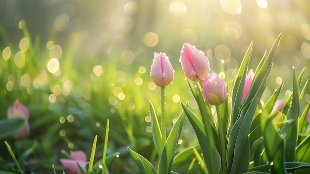 Collezione di tulipani rosa luccicanti con gocce d'acqua