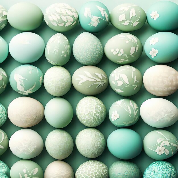 Collezione di uova perfettamente disposte con motivi floreali sullo sfondo verde e blu della Pasqua