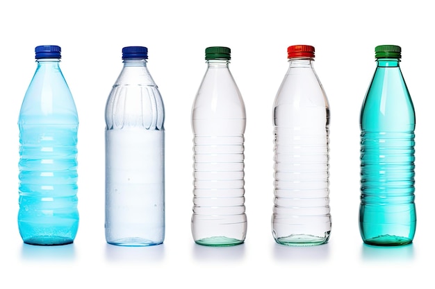 Collezione di varie bottiglie di acqua fredda con gocce isolate su sfondo bianco