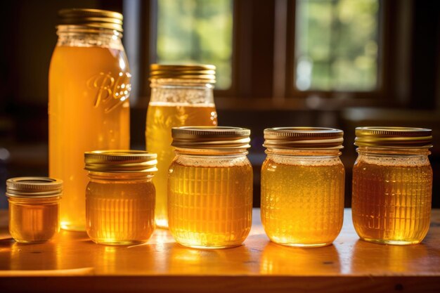 Collezione di vasi in vetro che illustrano le fasi della produzione del miele