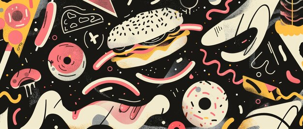 Collezione grafica spruzzata con aria nera con prodotti fast food Snack junk food donuts pizza donut holes popcorn soda sandwiches Illustrazione moderna con consistenza