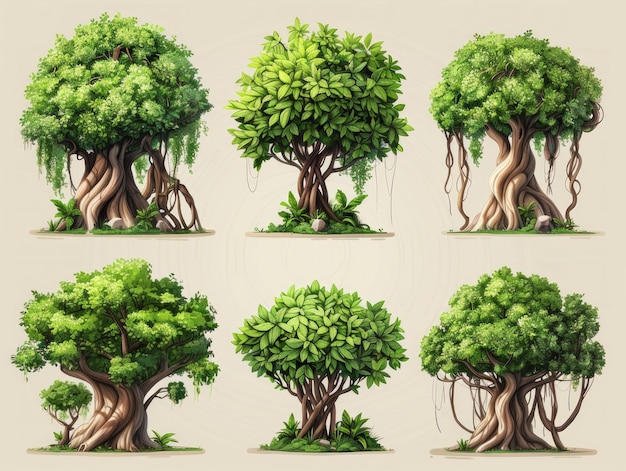 Collezione illustrata di Ficus benghalensis l'albero Banyan AI generativa