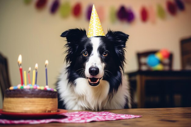 Collie per la celebrazione del compleanno di un cane con un cappello da festa con torta e candele