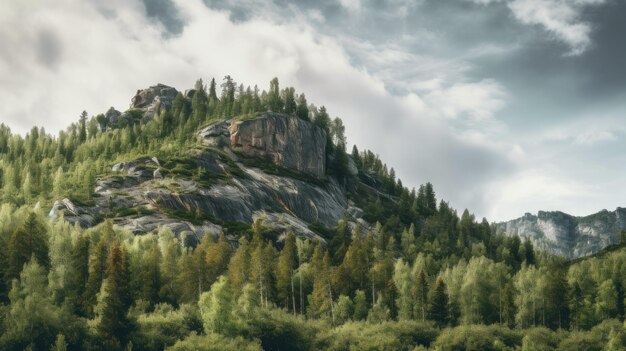 Collina di montagna rocciosa con foresta verde